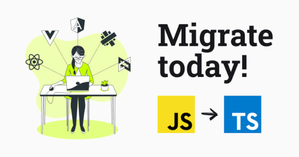 Developer at desk with JS to TS transition illustration