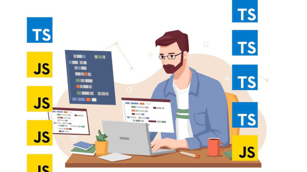 Concentrated developer working at laptop with JS and TS logos