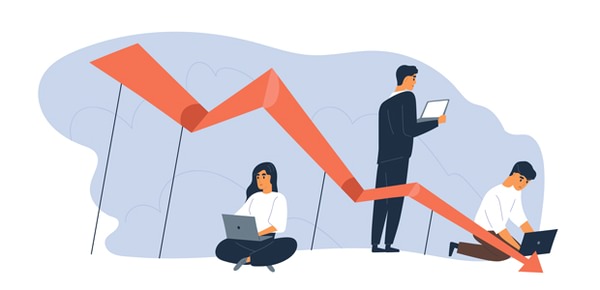 Illustration of a large downward arrow and people working on laptops