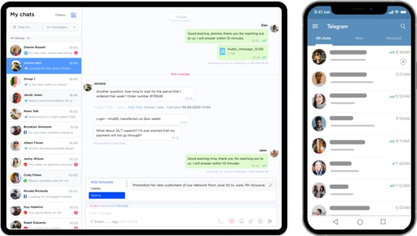 Telegram CRM bot integration screenshots, web and mobile versions