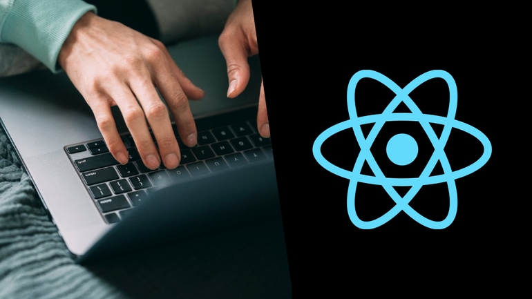 Dev’s hands on a laptop with a React logo, illustrating how to migrate to React