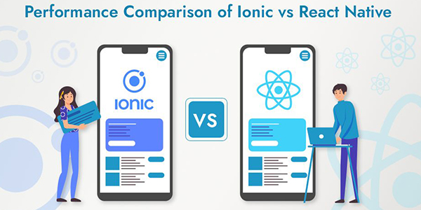 Ionic vs React Native performance comparison illustration with phones