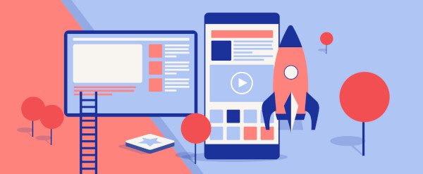 Illustration representing a tablet, a mobile phone and a rocket