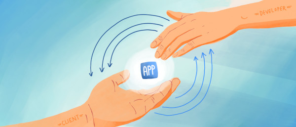 Developer’s and client’s hands reaching out to each other